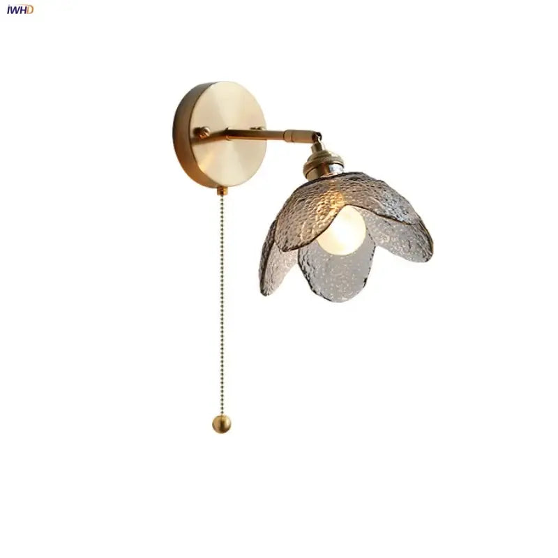 Modern brass and gray glass led wall sconce bedroom light with pull chain