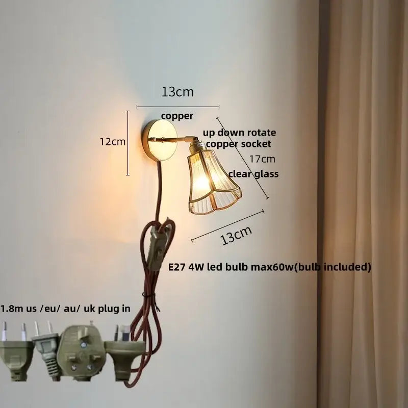 Modern brass and gray glass led wall sconce bedroom light with pull chain