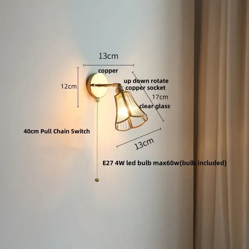 Modern brass and gray glass led wall sconce bedroom light with pull chain