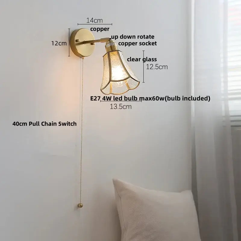Modern brass and gray glass led wall sconce bedroom light with pull chain