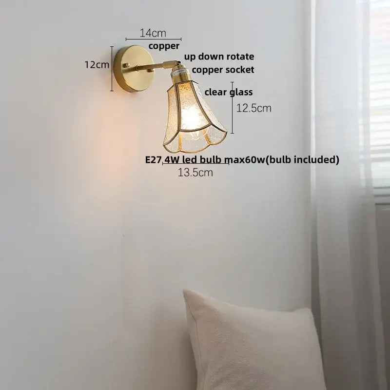 Modern brass and gray glass led wall sconce bedroom light with pull chain