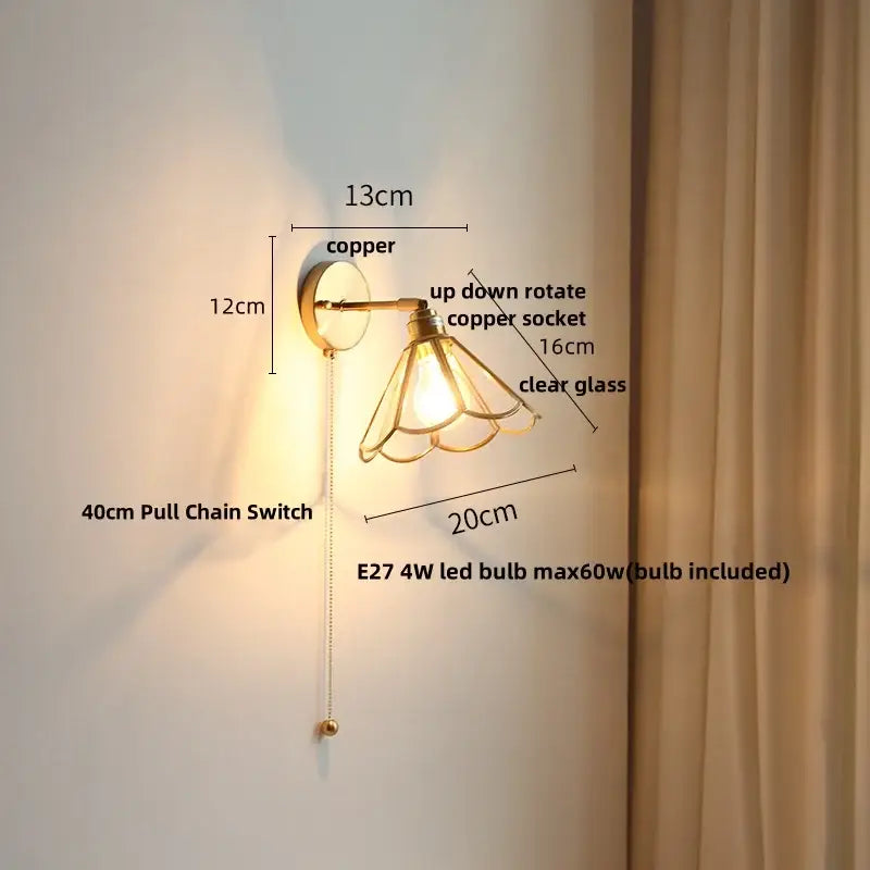 Modern brass and gray glass led wall sconce bedroom light with pull chain