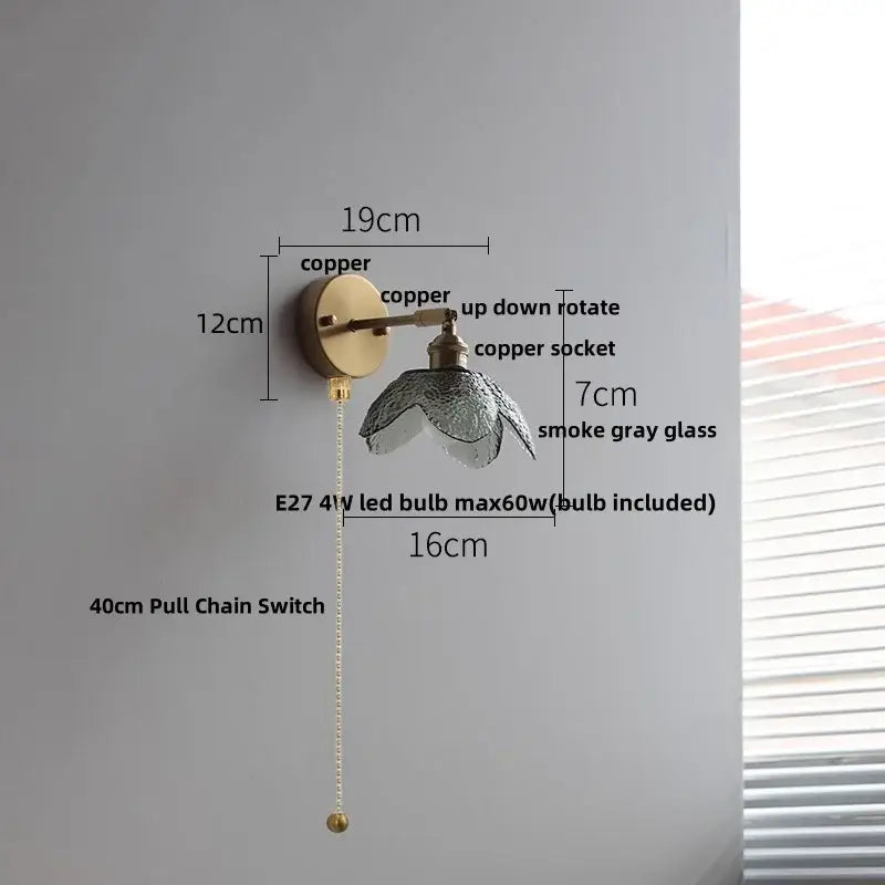 Modern brass and gray glass led wall sconce bedroom light with pull chain