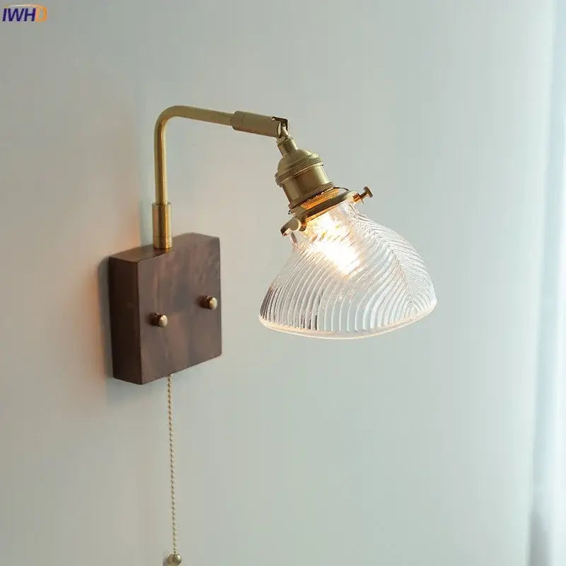 Modern brass and ribbed clear glass wall lights bedroom sconce