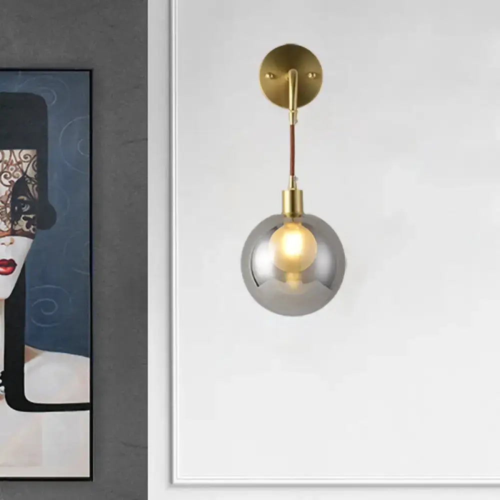 Modern brass and smoke gray glass corner wall light bedroom sconce