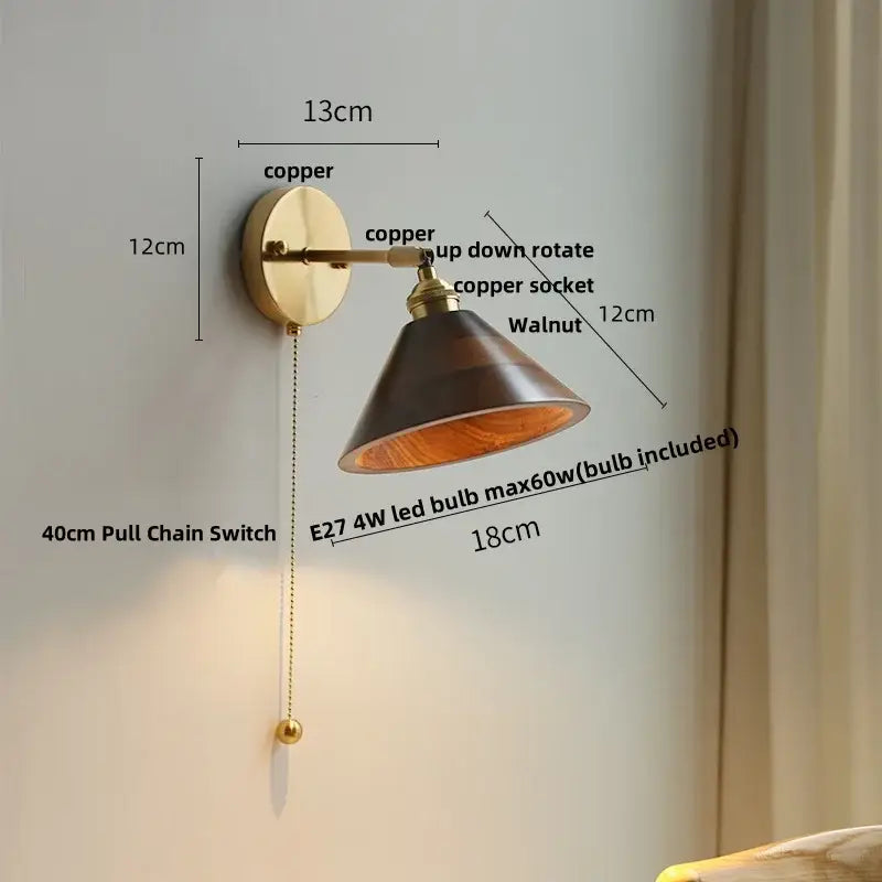 Modern brass and walnut led wall sconce bedroom mirror light
