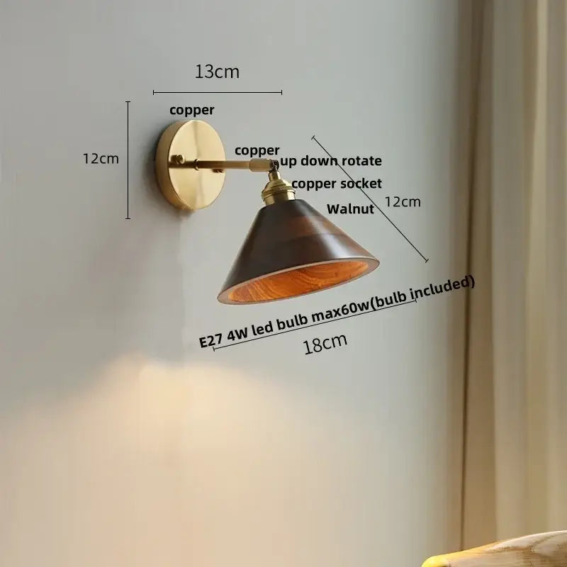Modern brass and walnut led wall sconce bedroom mirror light