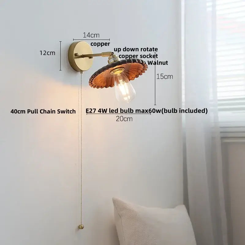 Modern brass and walnut led wall sconce bedroom mirror light