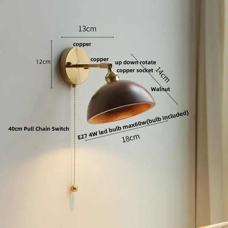 Modern brass and walnut led wall sconce bedroom mirror light