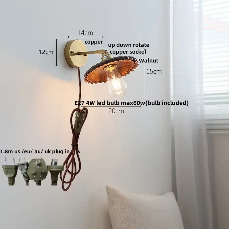 Modern brass and walnut led wall sconce bedroom mirror light