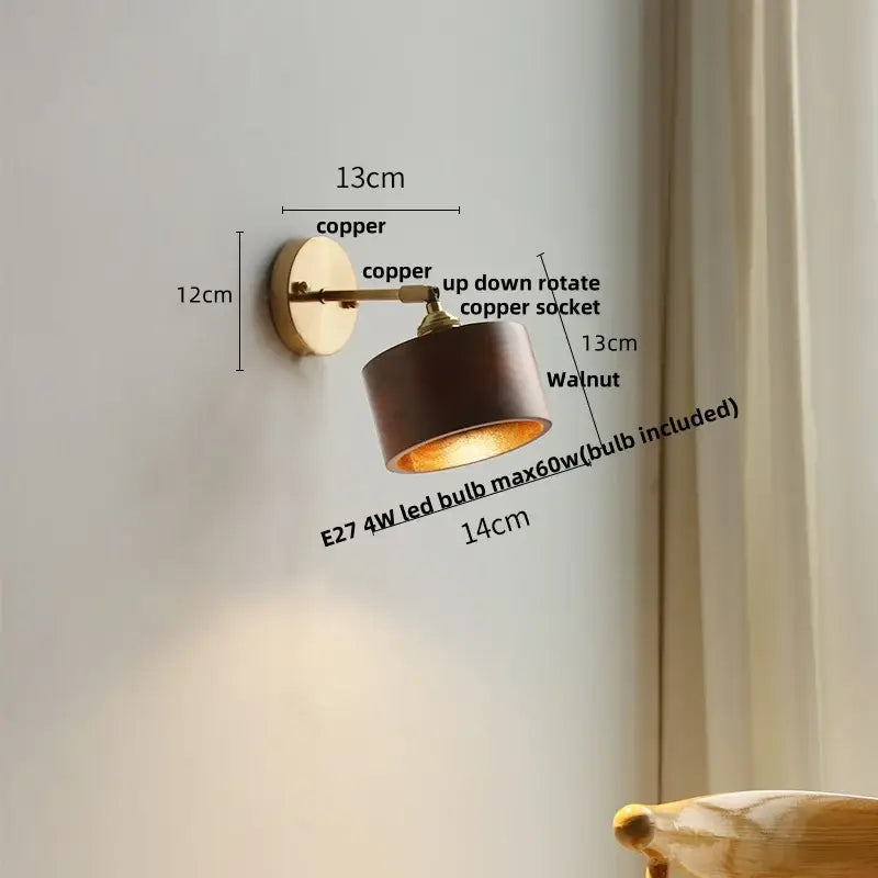 Modern brass and walnut led wall sconce bedroom mirror light