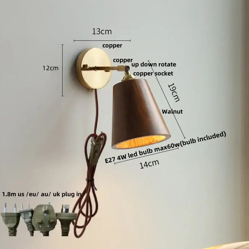Modern brass and walnut led wall sconce bedroom mirror light