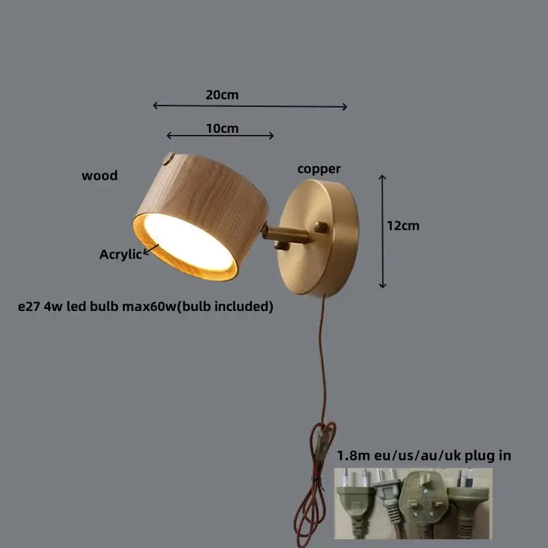 Modern brass and walnut led wall sconce bedroom spotlight