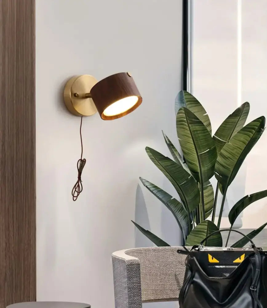 Modern brass and walnut led wall sconce bedroom spotlight