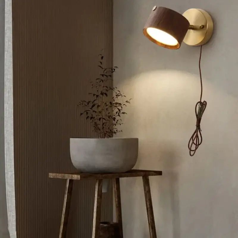 Modern brass and walnut led wall sconce bedroom spotlight