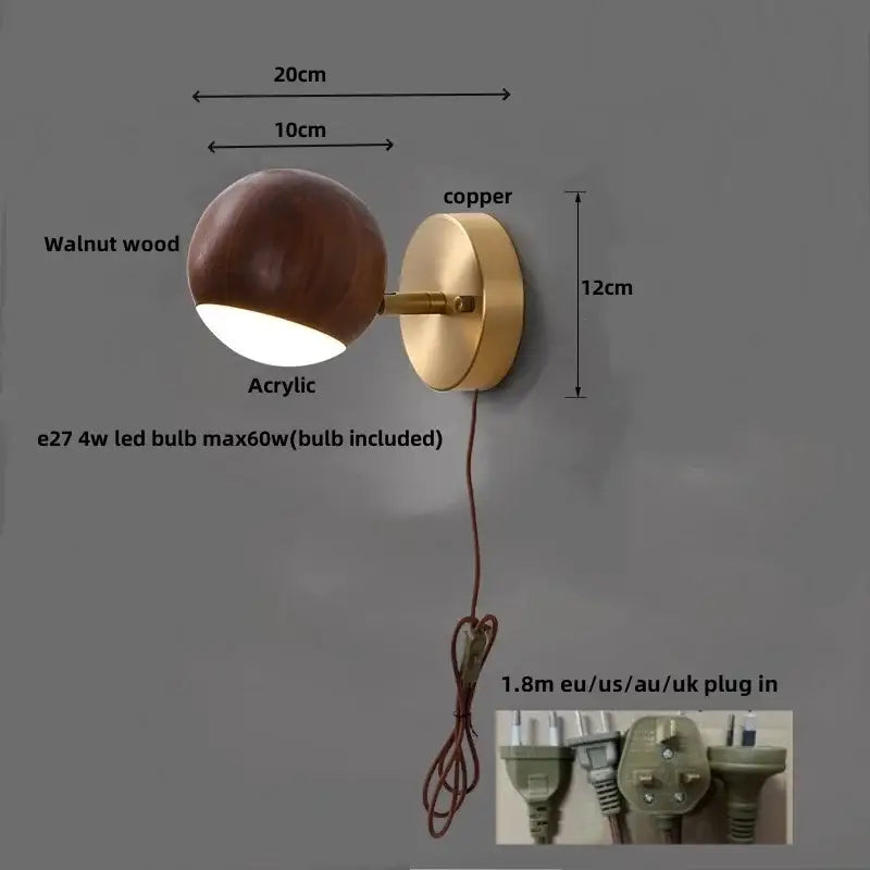 Modern brass and walnut led wall sconce bedroom spotlight