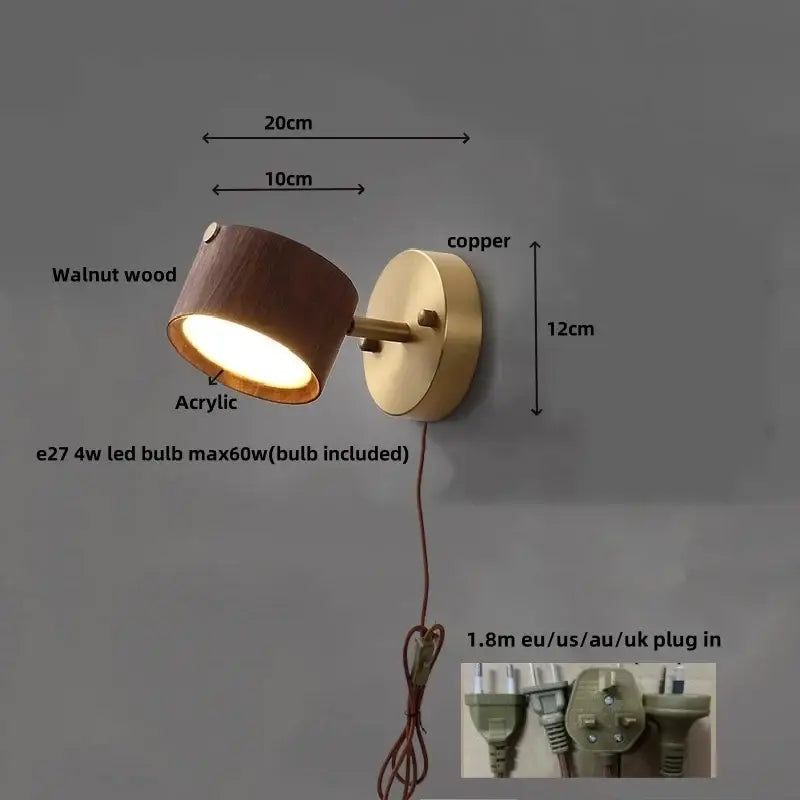 Modern brass and walnut led wall sconce bedroom spotlight