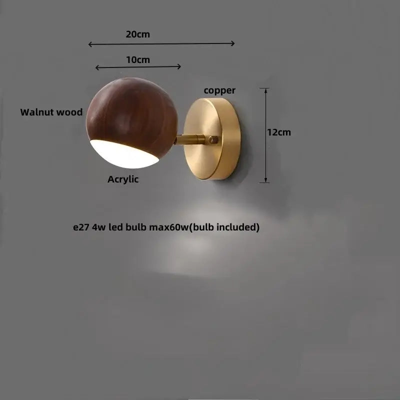 Modern brass and walnut led wall sconce bedroom spotlight