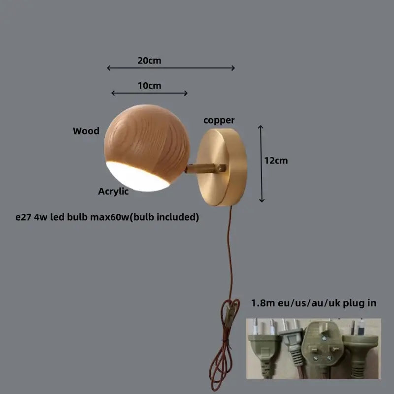 Modern brass and wood base wall sconce for living room spotlight