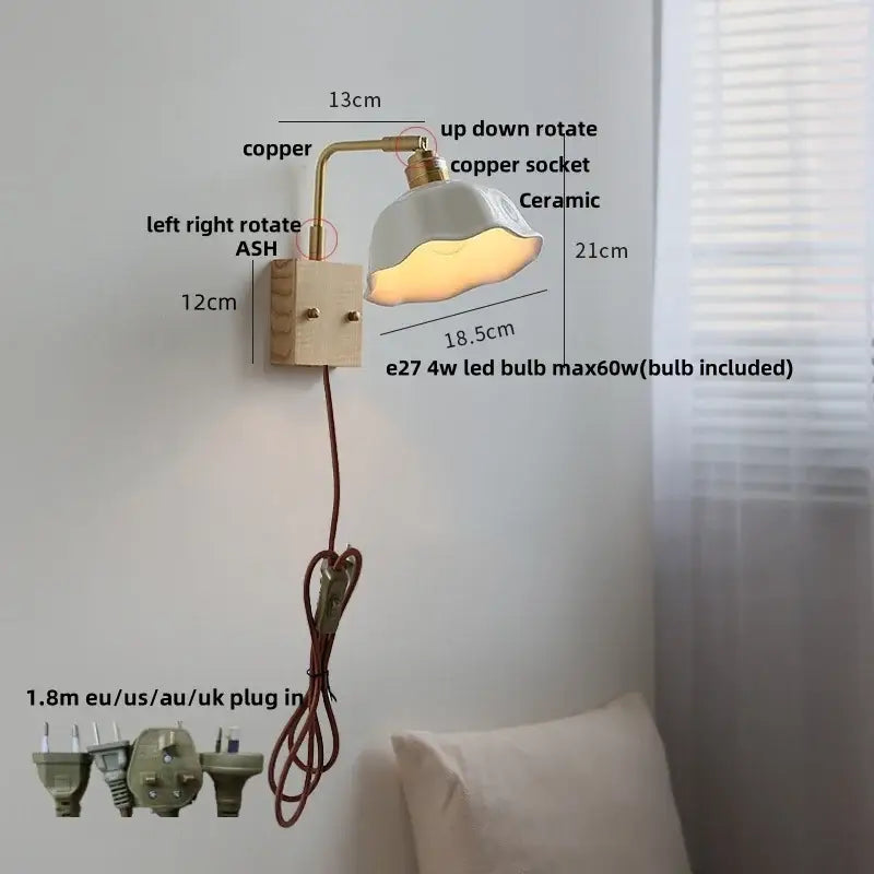 Modern brass and wood ceramic led wall sconce bedroom vanity light
