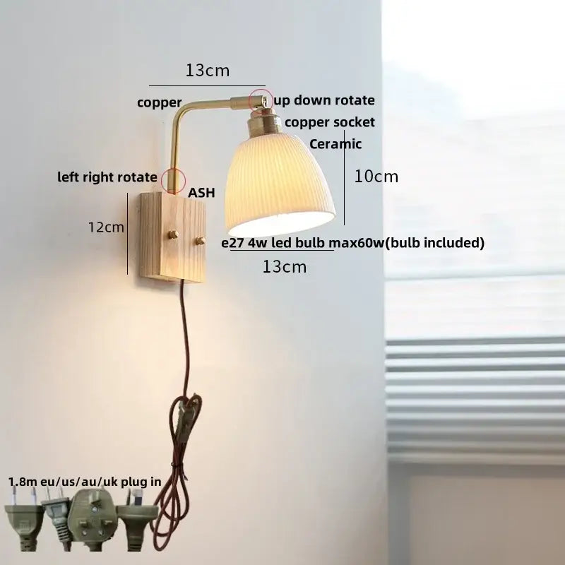 Modern brass and wood ceramic led wall sconce bedroom vanity light