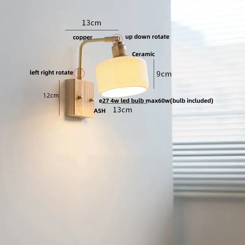 Modern brass and wood ceramic led wall sconce bedroom vanity light