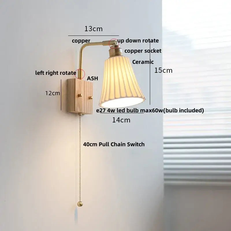 Modern brass and wood ceramic led wall sconce bedroom vanity light