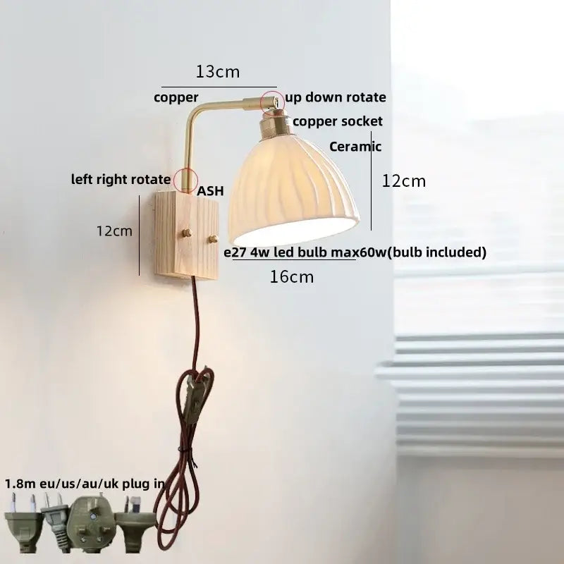 Modern brass and wood ceramic led wall sconce bedroom vanity light