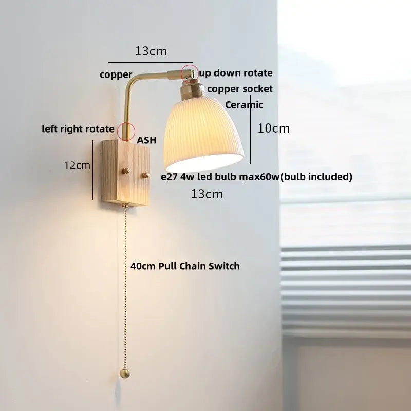 Modern brass and wood ceramic led wall sconce bedroom vanity light