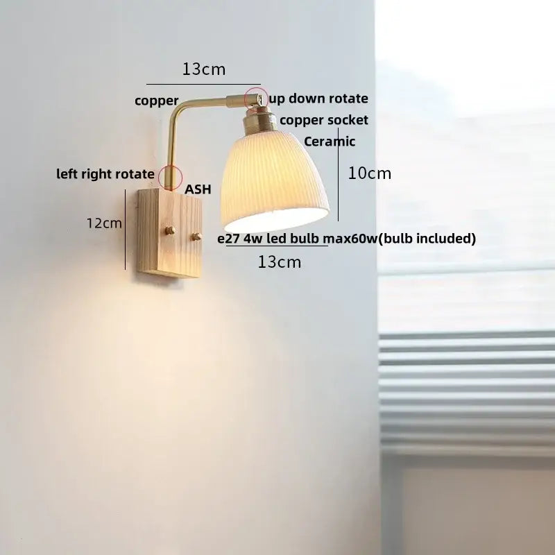 Modern brass and wood ceramic led wall sconce bedroom vanity light