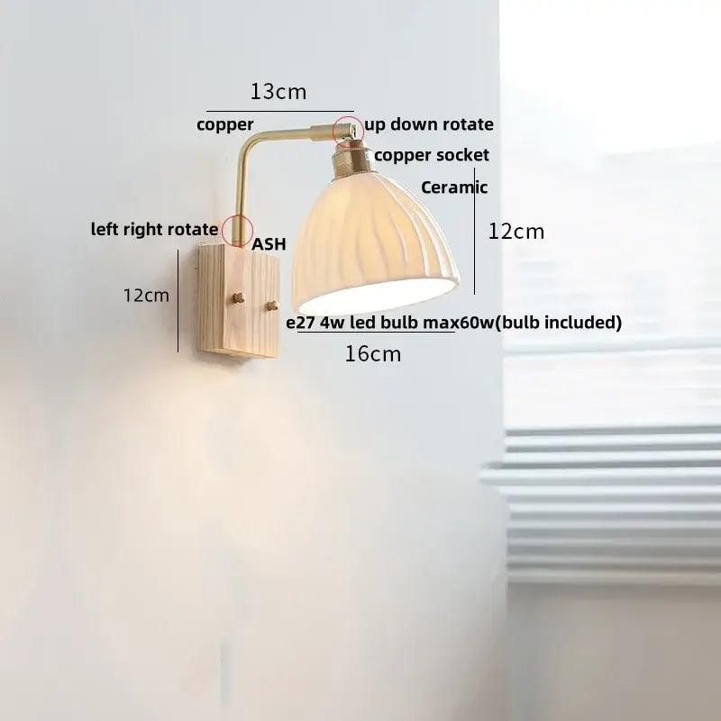 Modern brass and wood ceramic led wall sconce bedroom vanity light