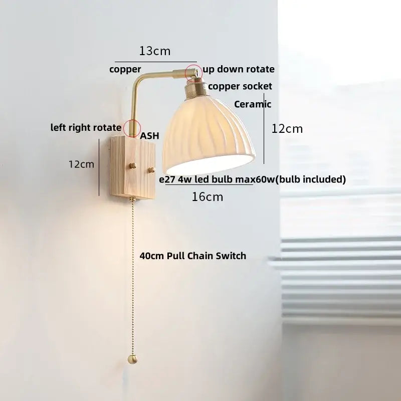 Modern brass and wood ceramic led wall sconce bedroom vanity light