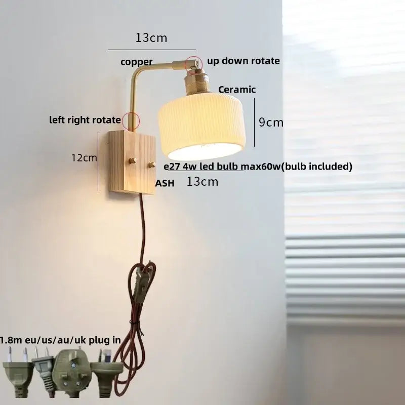 Modern brass and wood ceramic led wall sconce bedroom vanity light
