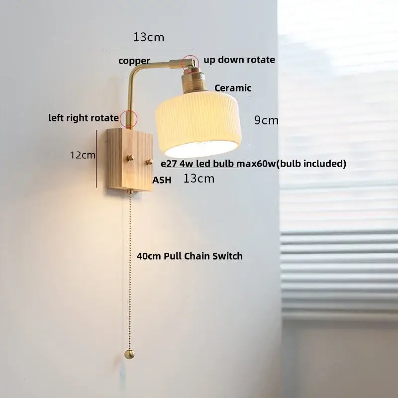 Modern brass and wood ceramic led wall sconce bedroom vanity light