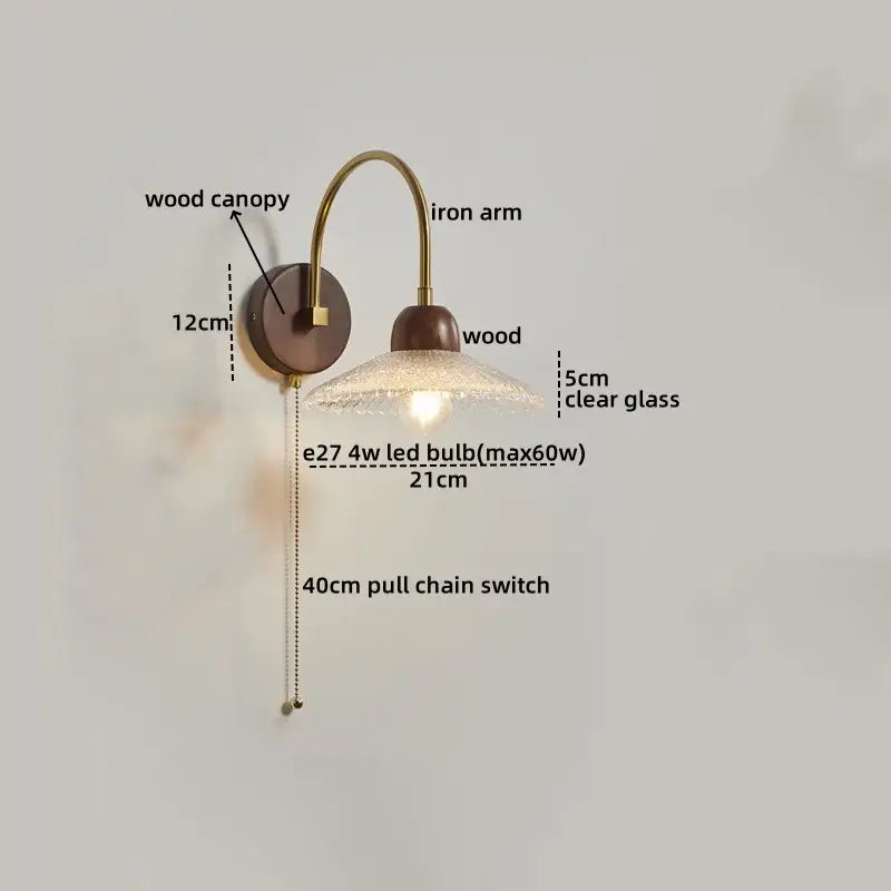 Modern brass and wood led wall sconce pull chain bedroom light