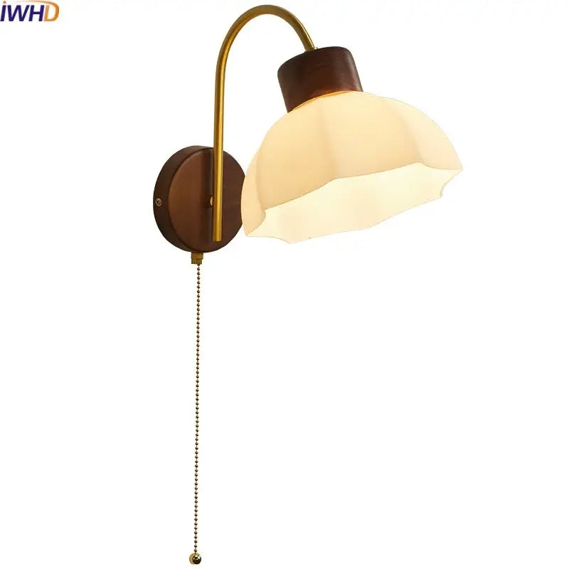 Modern brass and wood led wall sconce pull chain bedroom light