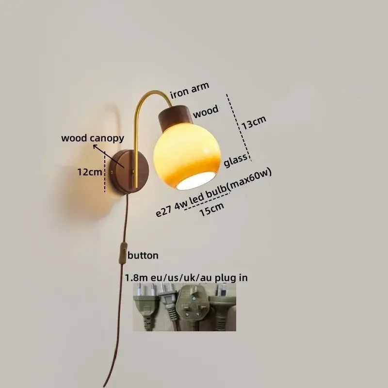 Modern brass and wood led wall sconce pull chain bedroom light