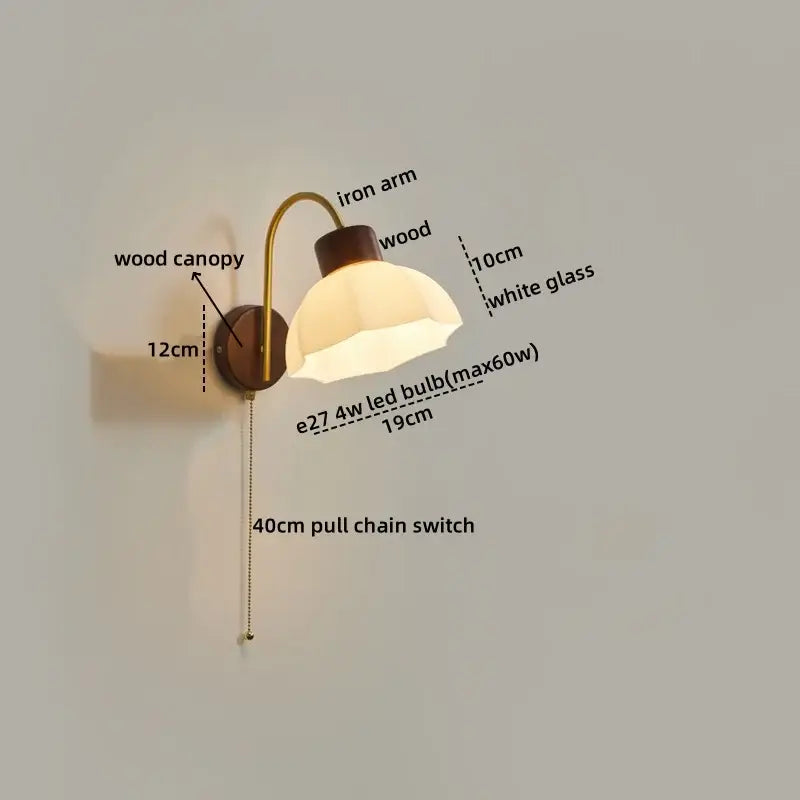 Modern brass and wood led wall sconce pull chain bedroom light