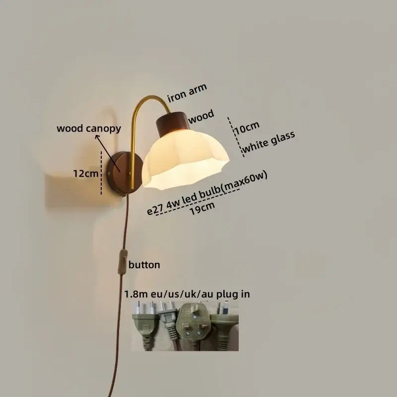 Modern brass and wood led wall sconce pull chain bedroom light