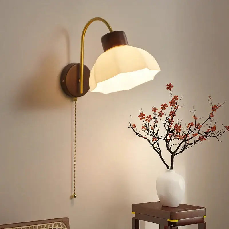 Modern brass and wood led wall sconce pull chain bedroom light