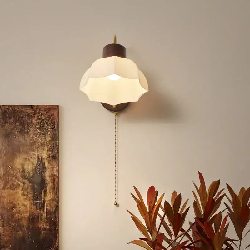 Modern brass and wood led wall sconce pull chain bedroom light