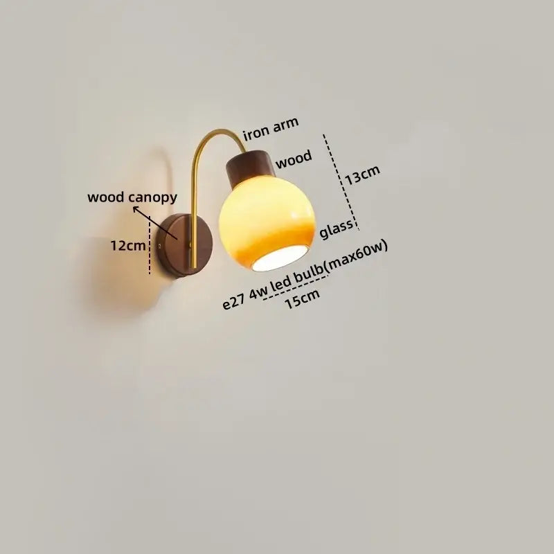 Modern brass and wood led wall sconce pull chain bedroom light