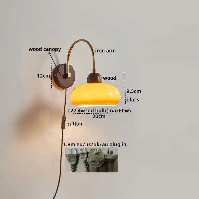 Modern brass and wood led wall sconce pull chain bedroom light