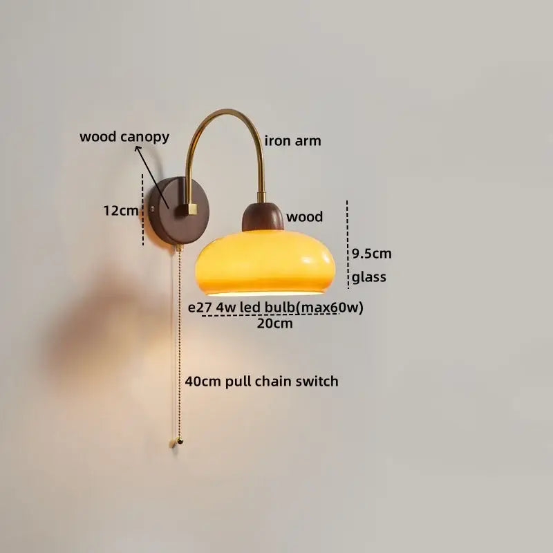 Modern brass and wood led wall sconce pull chain bedroom light