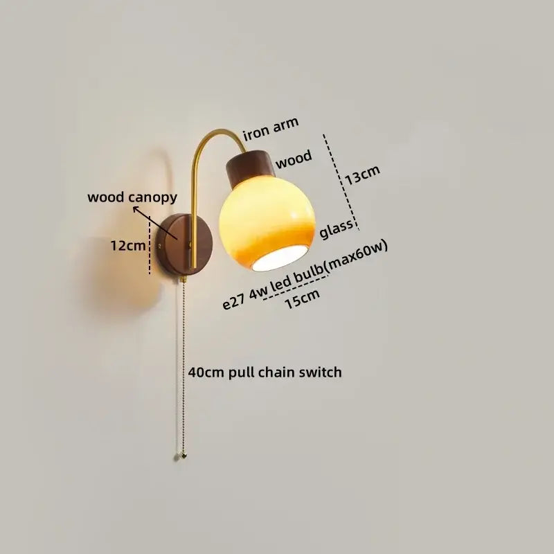 Modern brass and wood led wall sconce pull chain bedroom light