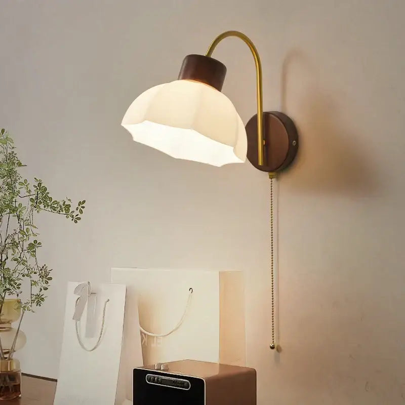 Modern brass and wood led wall sconce pull chain bedroom light