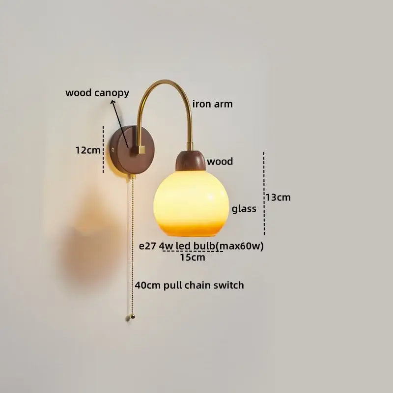 Modern brass and wood led wall sconce pull chain bedroom light