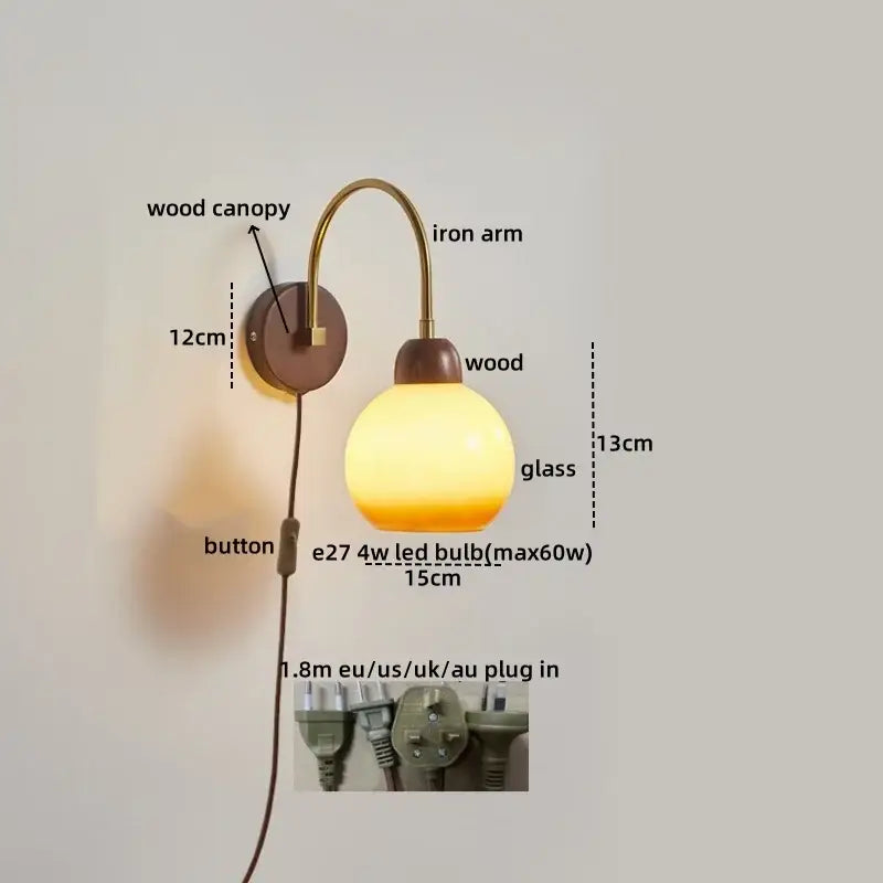 Modern brass and wood led wall sconce pull chain bedroom light