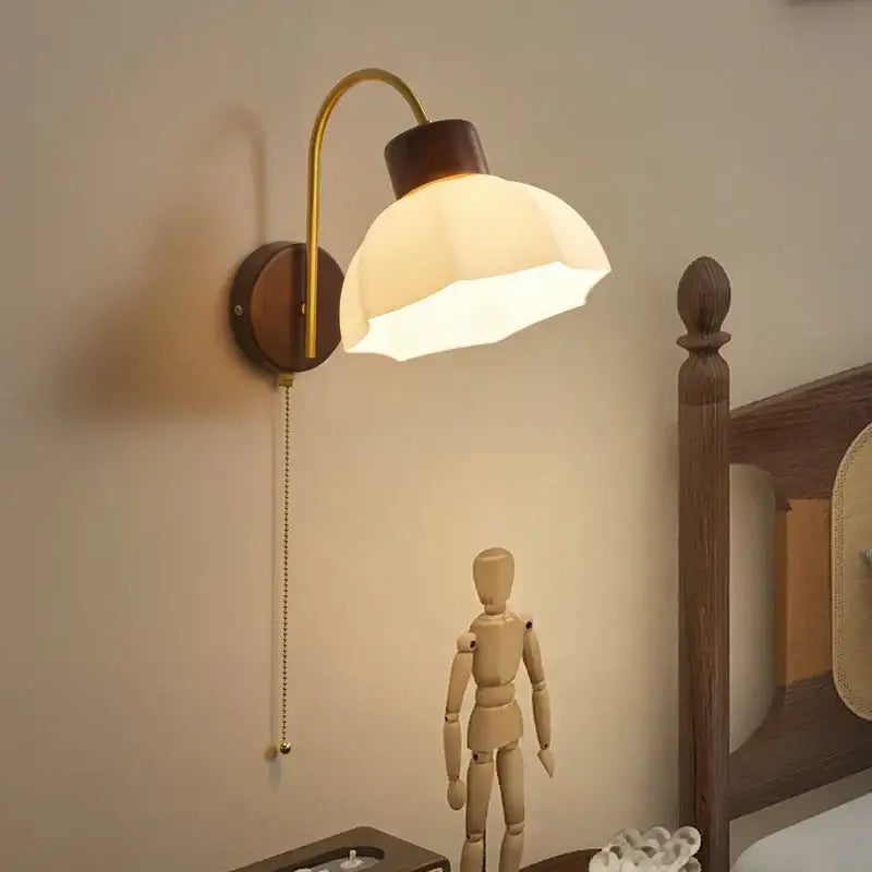 Modern brass and wood led wall sconce pull chain bedroom light