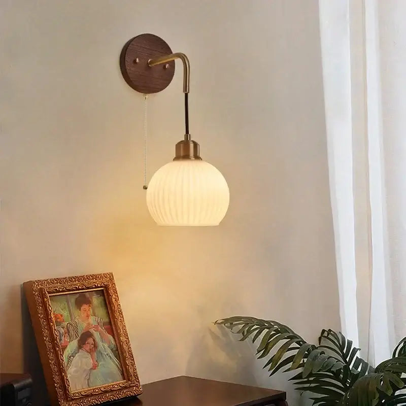 Modern brass and wood ribbed glass wall light bedroom sconce